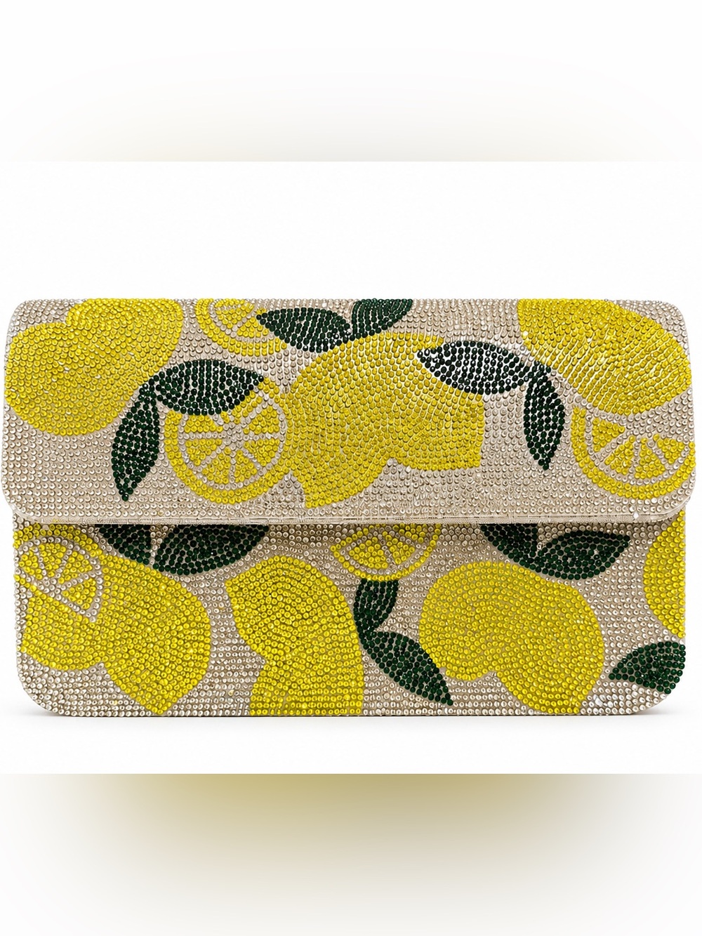 Crystal Lemon-Print Envelope Clutch in Yellow